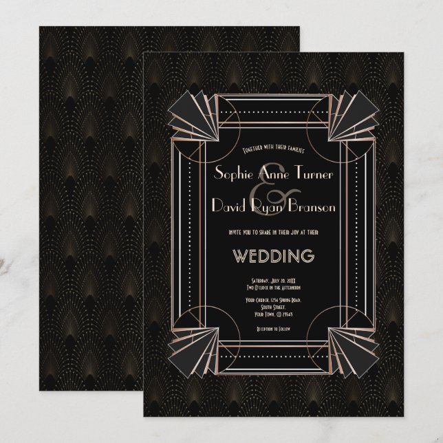 Glamourous Gold Great Gatsby Art Deco 20s Wedding Invitation (Front/Back)