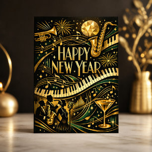 Glamourous Gold Jazz Art Deco New Year Holiday Card