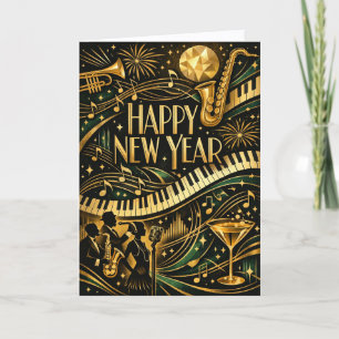Glamourous Gold Jazz Art Deco New Year Holiday Card