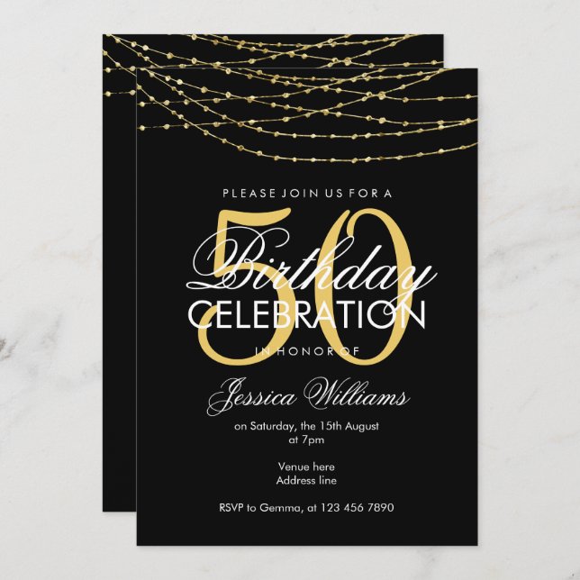 Glamourous Gold Lights 50th Birthday Invitation (Front/Back)