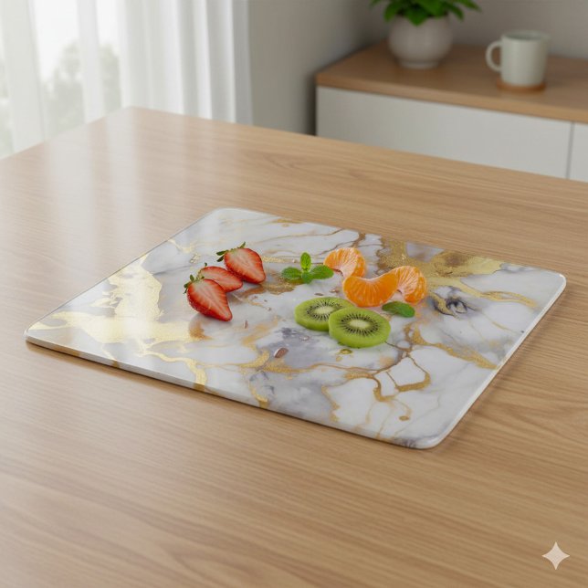 Glamourous Gold Marble Effect Cutting Board (Gold and white marble effect chopping board with freshly sliced fruit.)