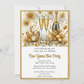 Glamourous  Gold on White New Year's Eve Party  Invitation