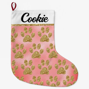 Glamourous Gold Paw Prints on Pink Foil Large Christmas Stocking