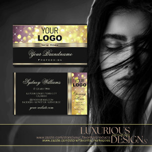 Glamourous Gold Purple Glitter Stars add Logo Blac Business Card