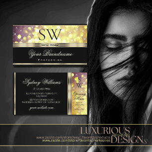 Glamourous Gold Purple Glitter Stars Monogram Blac Business Card