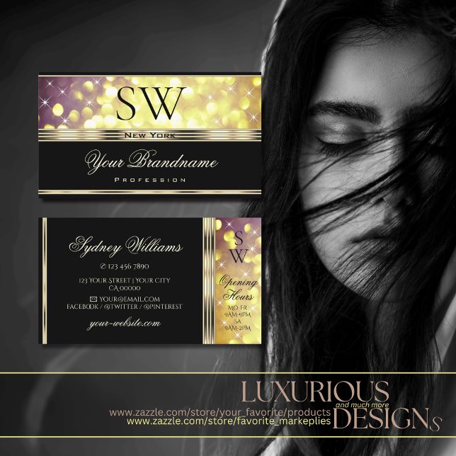 Glamourous Gold Purple Glitter Stars Monogram Blac Business Card (Creator Uploaded)