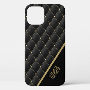 Glamourous Gold Quilted Black Pattern Personalised iPhone 12 Case