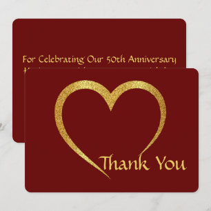Glamourous Gold & Red Heart Wedding Anniversary  Thank You Card