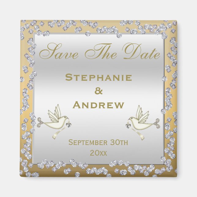 Glamourous Gold & Silver Diamonds & Doves Wedding Magnet (Front)
