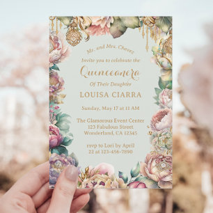 Glamourous Gold Sparkle Flowers Quinceanera Invitation