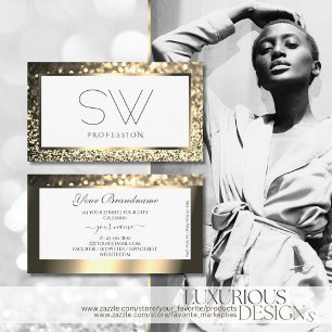 Glamourous Gold Sparkle Glitter White with Monogra Business Card