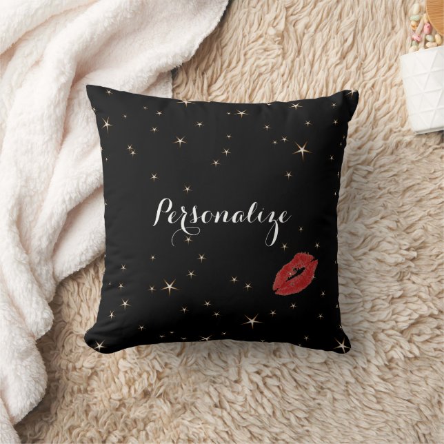 Glamourous Gold Stars with Red Lipstick Kiss Cushion (Blanket)