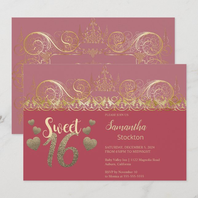 Glamourous Gold Sweet 16 Invitation (Front/Back)
