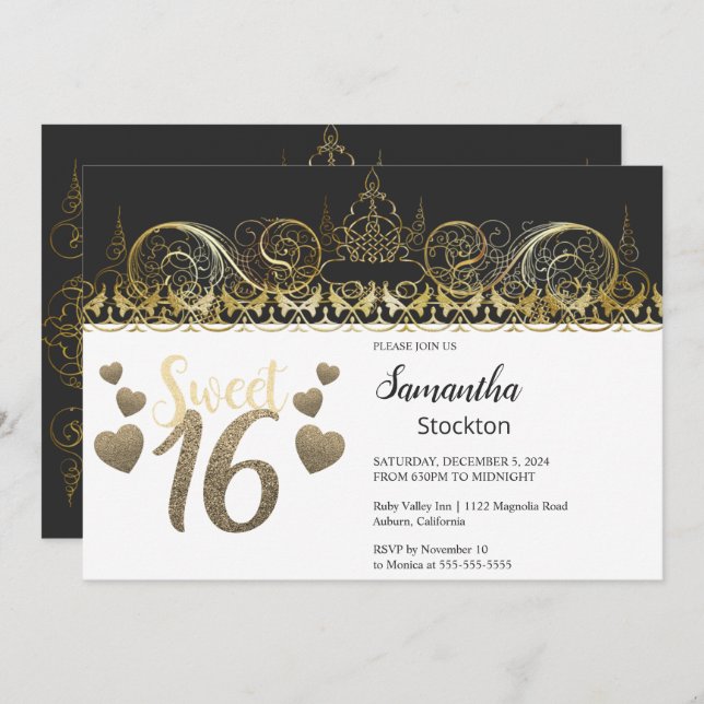 Glamourous Gold Sweet 16 Invitation (Front/Back)