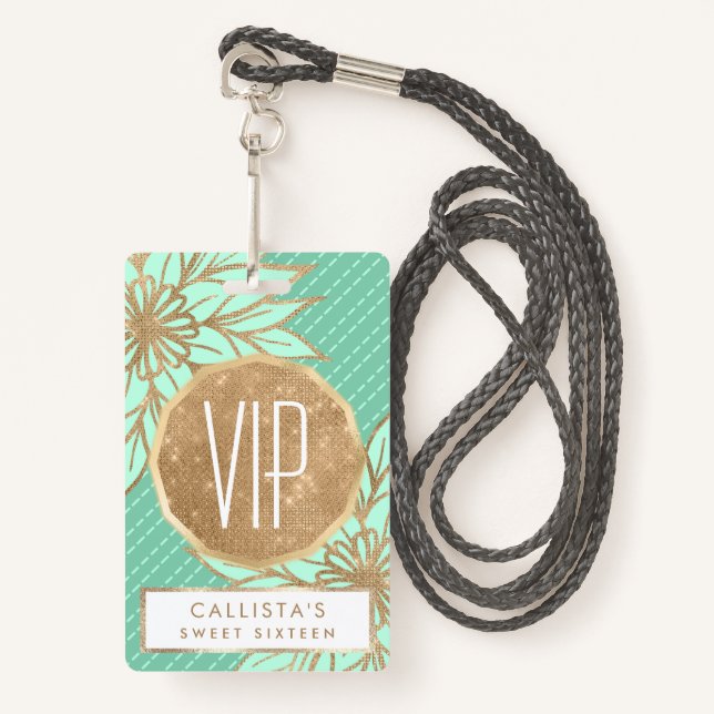 Glamourous Gold Teal Green Glitter Flower Stripes ID Badge (Front with Lanyard)