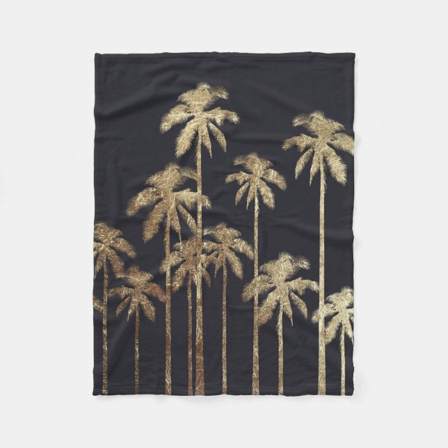 Glamourous Gold Tropical Palm Trees on Black Fleece Blanket (Front)