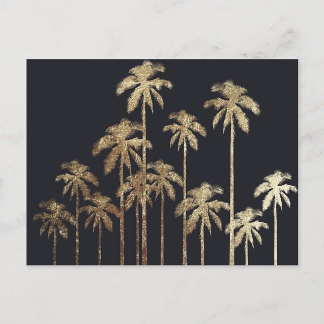 Glamourous Gold Tropical Palm Trees on Black Postcard (Front)