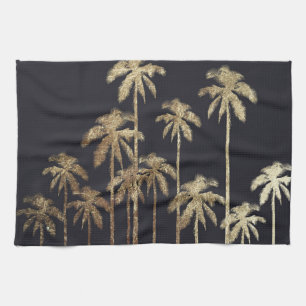 Glamourous Gold Tropical Palm Trees on Black Tea Towel