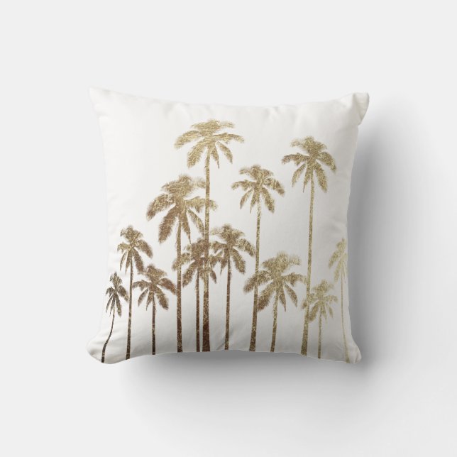 Glamourous Gold Tropical Palm Trees on White Cushion (Front)