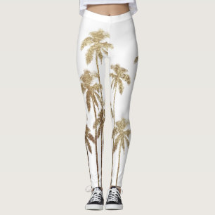 Glamourous Gold Tropical Palm Trees on White Leggings