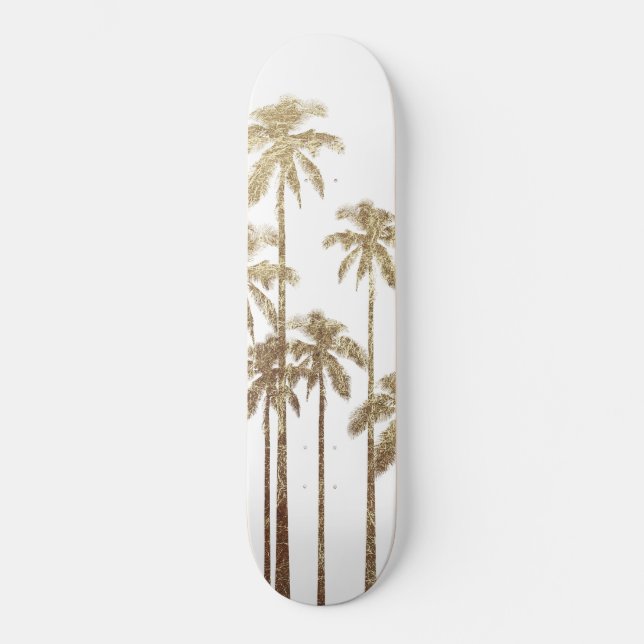 Glamourous Gold Tropical Palm Trees on White Skateboard (Front)
