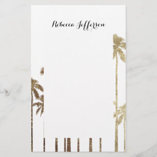 Glamourous Gold Tropical Palm Trees on White Stationery