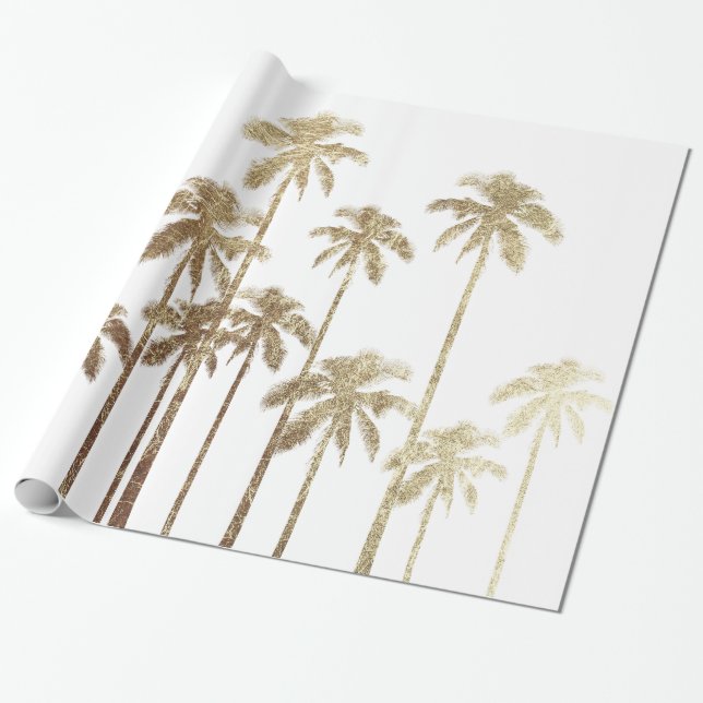 Glamourous Gold Tropical Palm Trees on White Wrapping Paper (Unrolled)