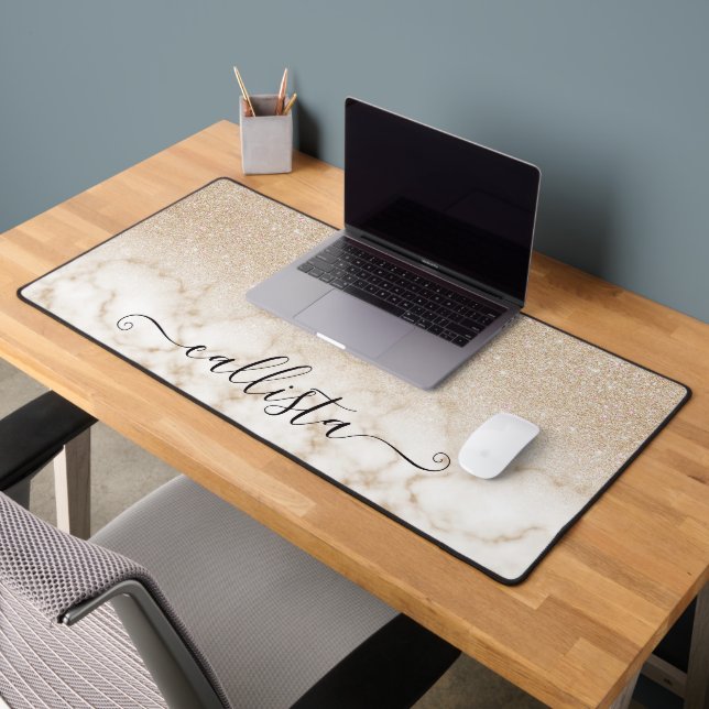 Glamourous Gold White Glitter Marble Gradient Desk Mat (Office 2)