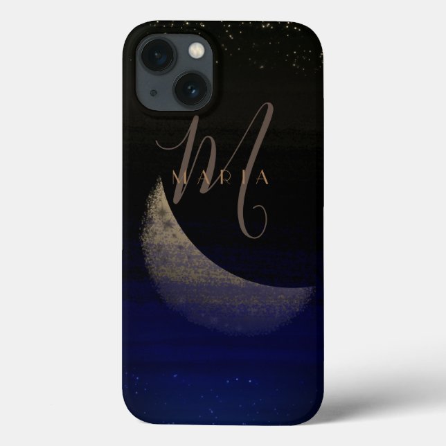 Glamourous Golden Moon Blue Abstract Monogram Case-Mate iPhone Case (Back)