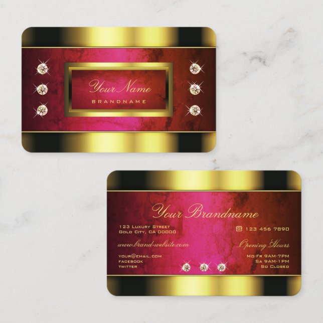 Glamourous Golden with Red Marble and Faux Diamond Business Card (Front/Back)
