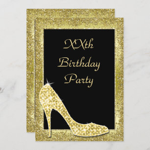 Glamourous Golds & Diamond Shoe Birthday Invitation