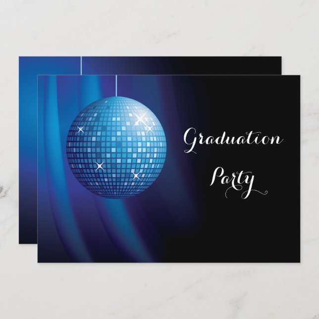 Glamourous Graduation Blue Party Disco Ball Invitation (Front/Back)