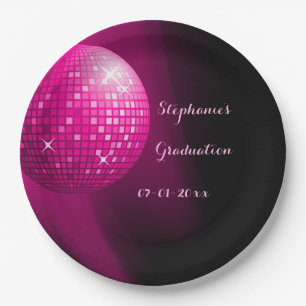 Glamourous Graduation Hot Pink Party Disco Ball Paper Plate