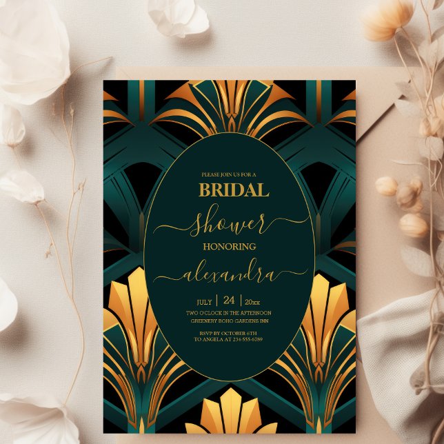 Glamourous Green and Gold Art Deco Bridal Invitation (Creator Uploaded)