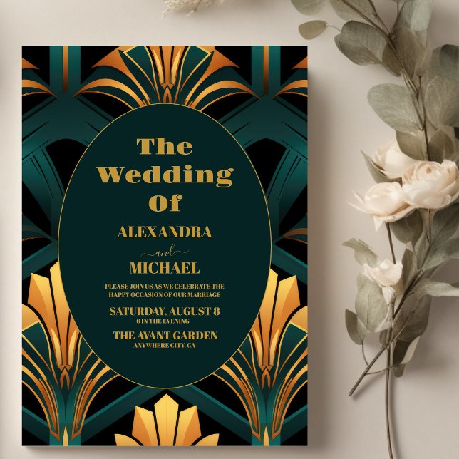 Glamourous Green and Gold Art Deco Wedding  Invitation (Creator Uploaded)