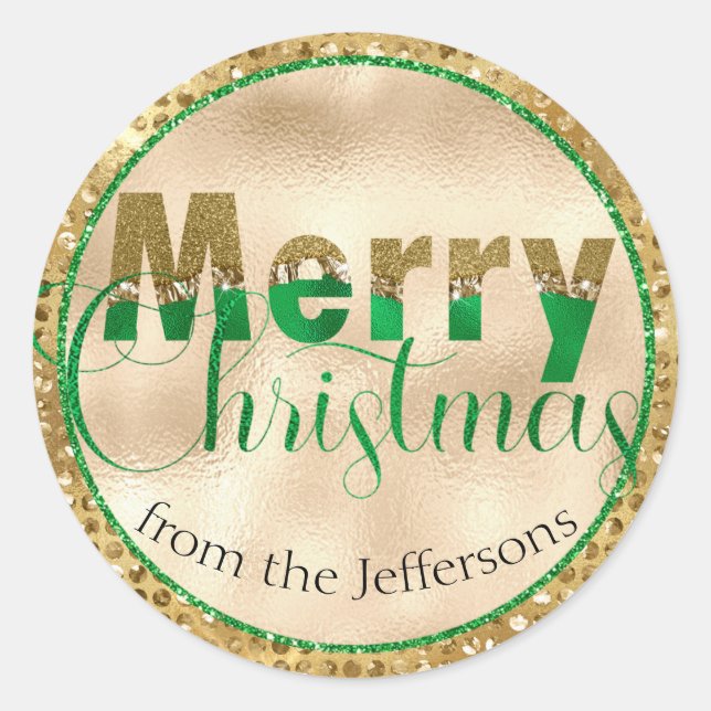 Glamourous Green and Gold Diamonds Merry Christmas Classic Round Sticker (Front)