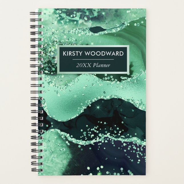 Glamourous Green faux Sequin Glitter Agate Planner (Front)
