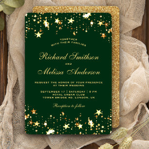 Glamourous Green Gold Faux Glitter Stars Wedding Invitation