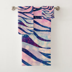 Glamourous Holographic Glitter Blue Zebra Stripes Bath Towel Set