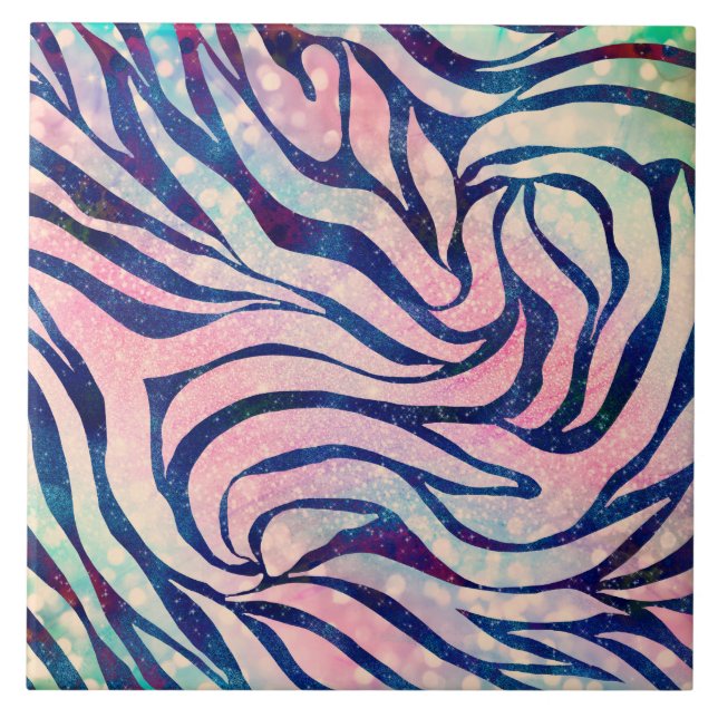 Glamourous Holographic Glitter Blue Zebra Stripes Ceramic Tile (Front)