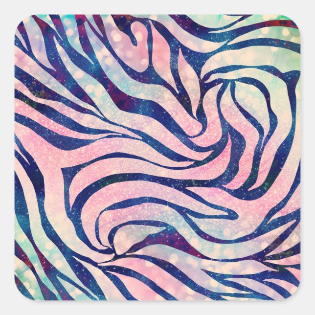 Glamourous Holographic Glitter Blue Zebra Stripes Square Sticker (Front)
