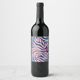 Glamourous Holographic Glitter Blue Zebra Stripes Wine Label