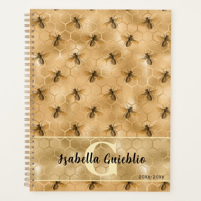 Glamourous Honeycomb Bee Gold Honey Design Planner (Front)