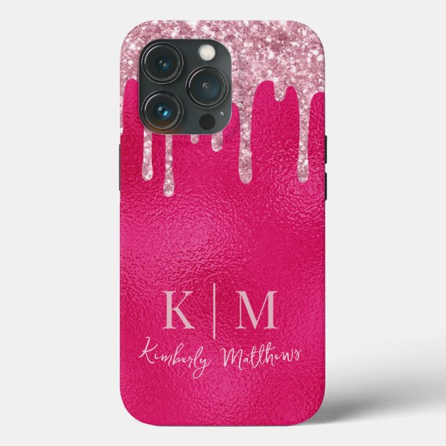 Glamourous Hot Pink Glitter Monogram Initials Case-Mate iPhone Case (Back)