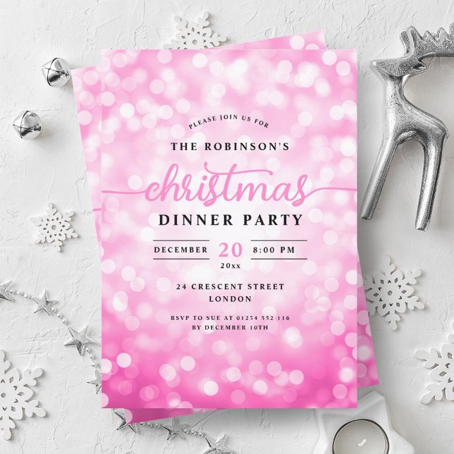 Glamourous Hot Pink Lights Christmas Dinner Party  Invitation (Glamorous Hot Pink Lights Christmas Dinner Party Invitation)