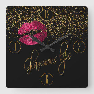 Glamourous Hot Pink Lips and Gold Confetti Square Wall Clock