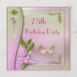 Glamourous Key, Magnolia & Butterfly 75th Birthday Invitation