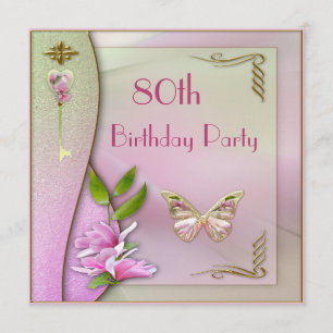 Glamourous Key, Magnolia & Butterfly 80th Birthday Invitation