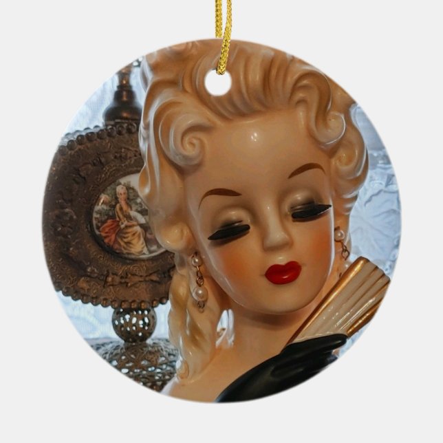 Glamourous Lady Head Vase Fan Perfume Bottles Ceramic Ornament (Front)