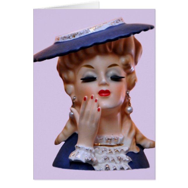 Glamourous Lady Head Vase Fancy Blue Hat Card (Front)